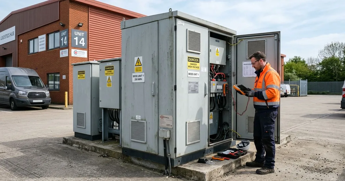 Engineer inspecting a commercial battery storage cabinet outside a UK business unit.
