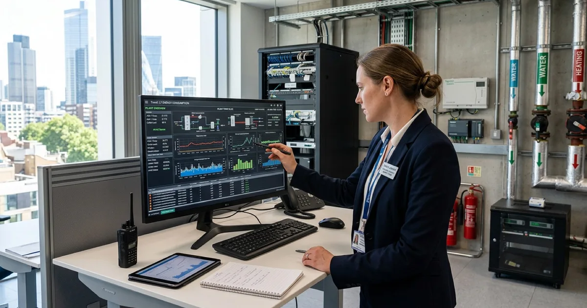 Facilities manager reviewing building energy management dashboards in a plant room.
