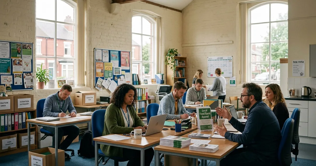 Small charity team working at desks in a UK community centre office.