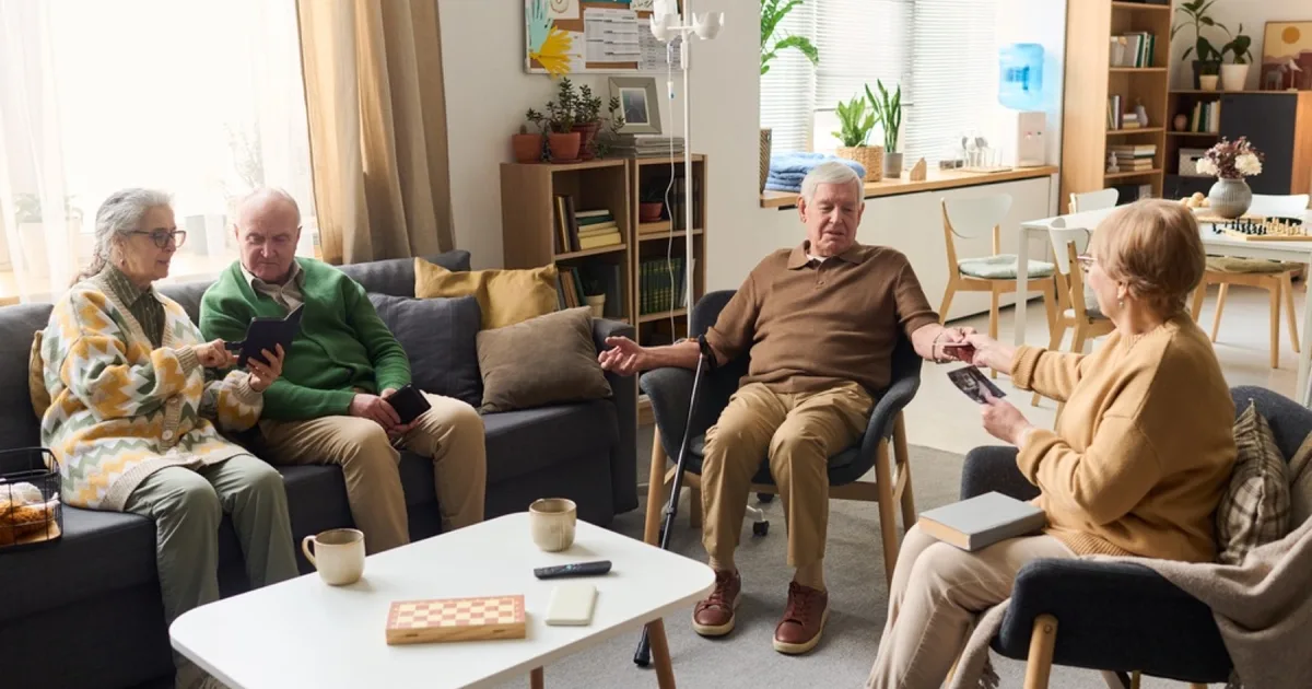 Care home residents relaxing in a bright communal lounge.