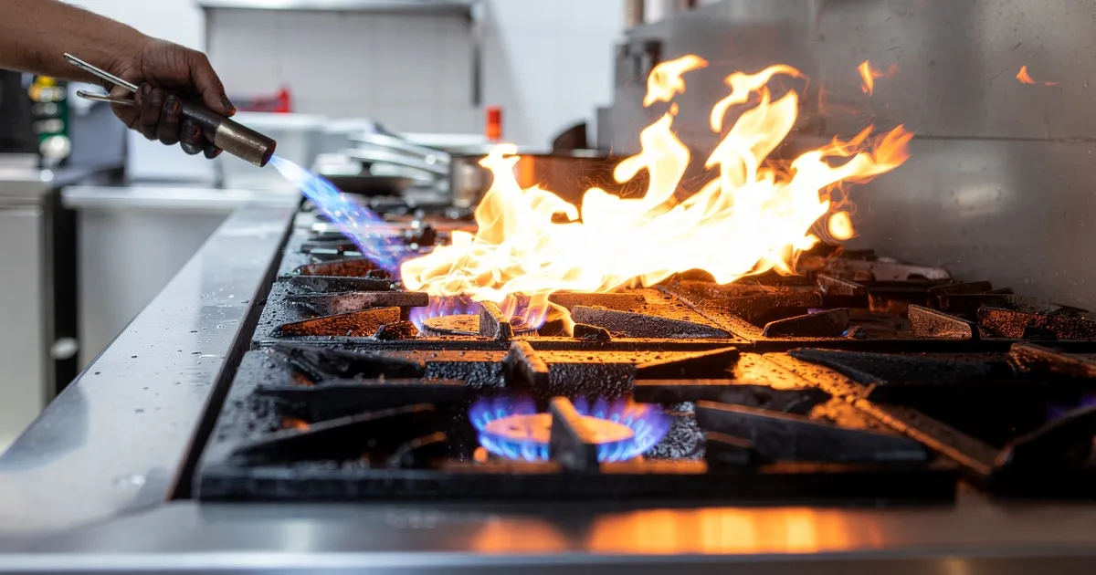 Stainless-steel commercial kitchen equipment gleaming under bright white LED lighting.