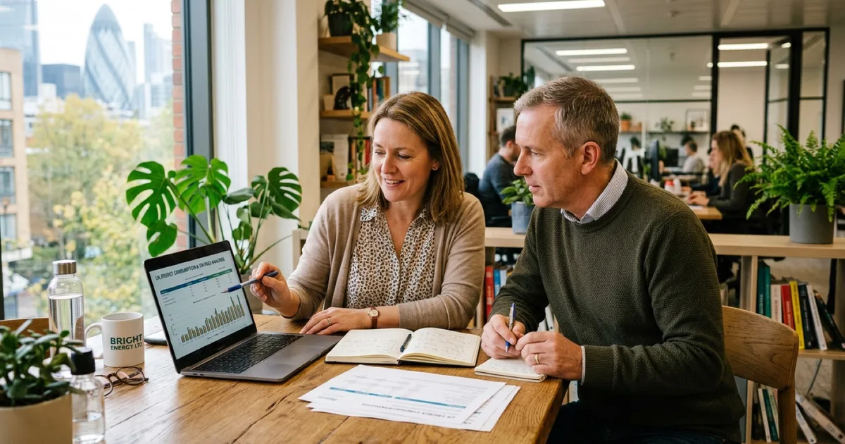 Energy consultant reviewing usage data on a laptop with a client in a bright office.