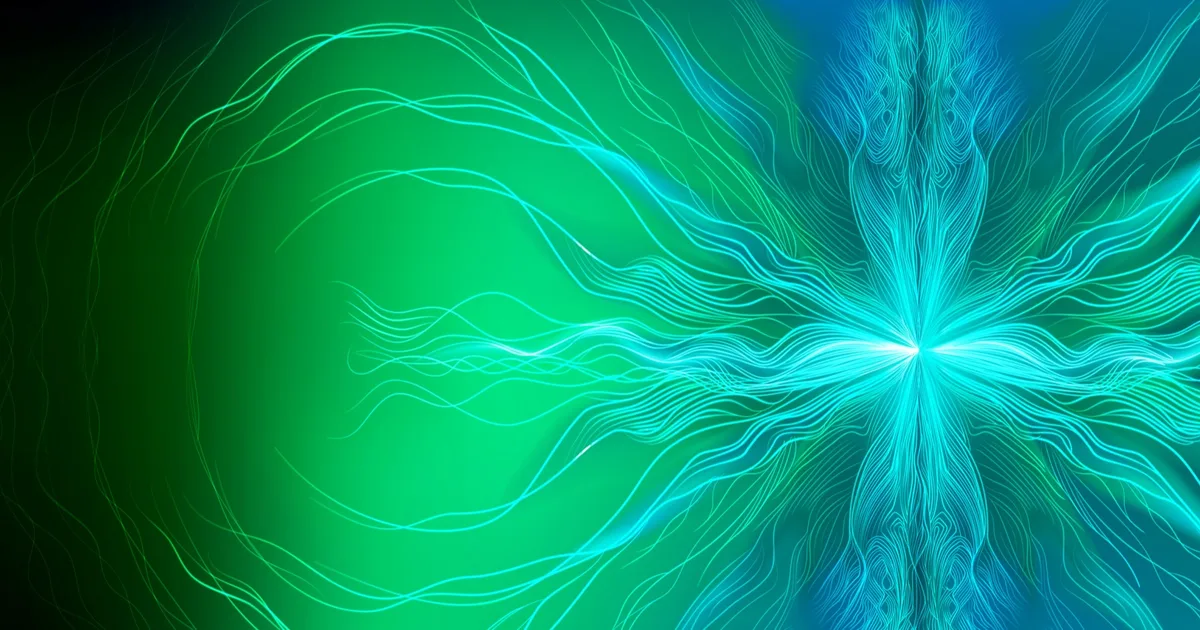 Abstract teal energy flow lines on a bright background.