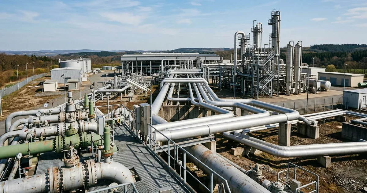 Aerial view of a gas storage and processing facility with extensive pipework.