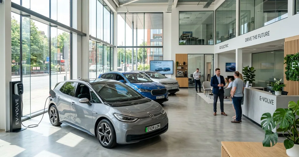 Electric vehicles on display in a bright UK car dealership showroom.