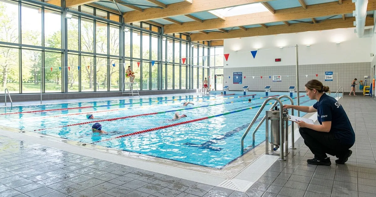 Staff member checking energy equipment beside the pool in a bright UK leisure centre.