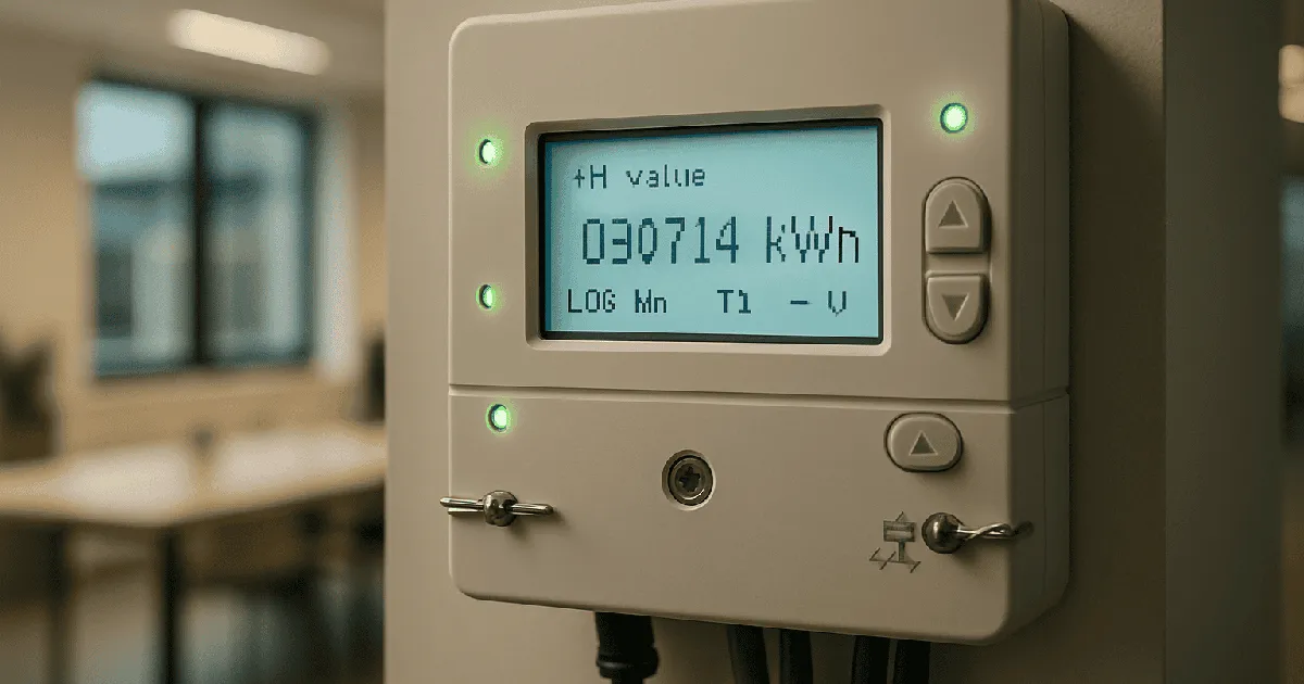Open half-hourly electricity metering cabinet with CT coils and green LED indicators in a bright UK plant room.