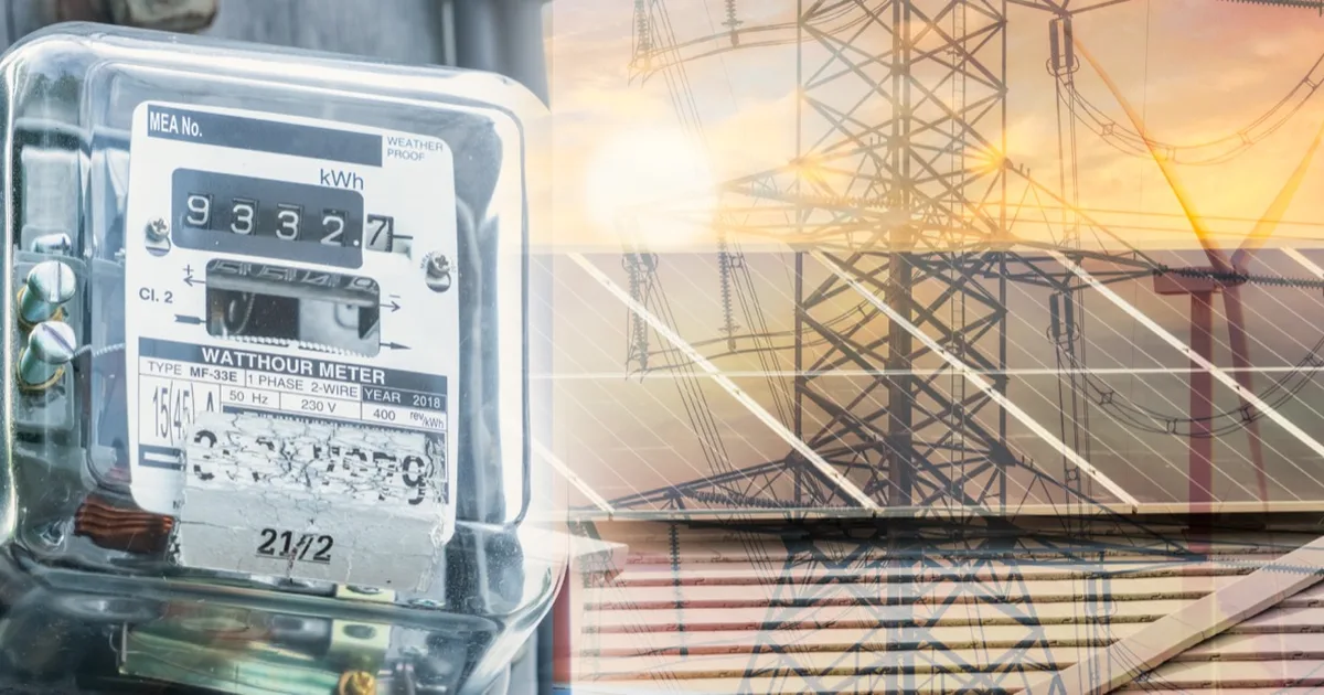Composite image of an electricity meter, pylons and solar panels.