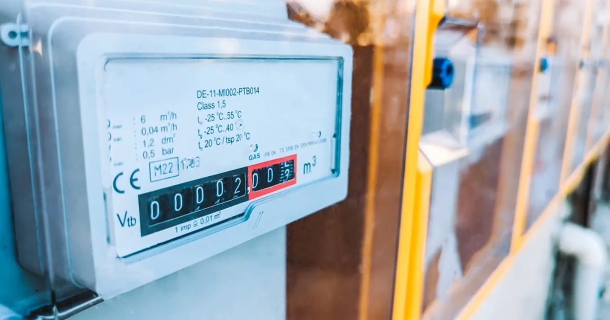 Close-up of a gas meter reading display.