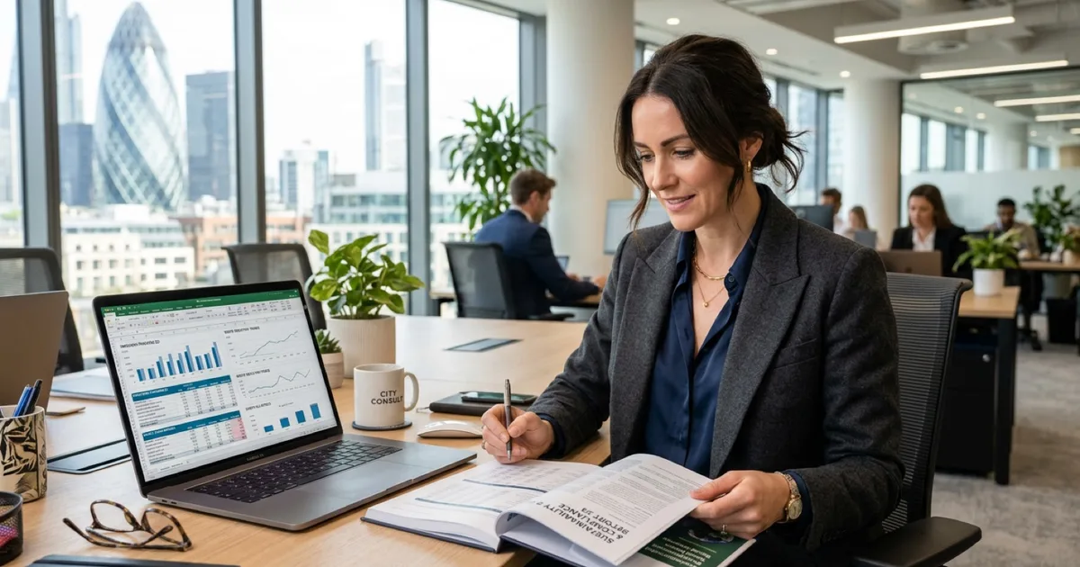 Business manager reviewing a sustainability and compliance report in a bright London office.